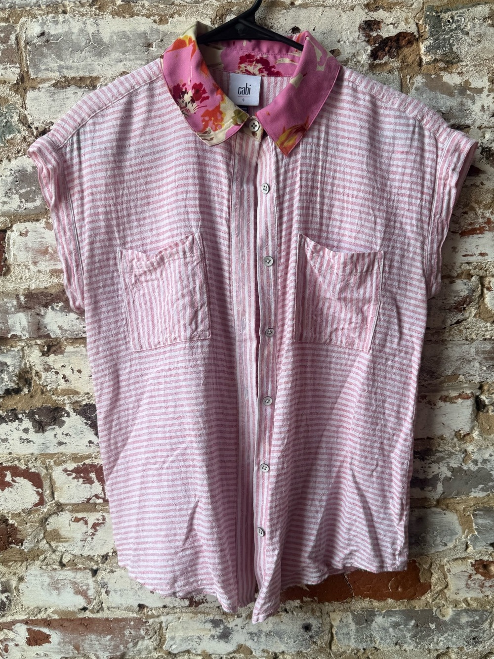 CAbi Pink Striped Sleeveless Button-Front Shirt with Floral Collar